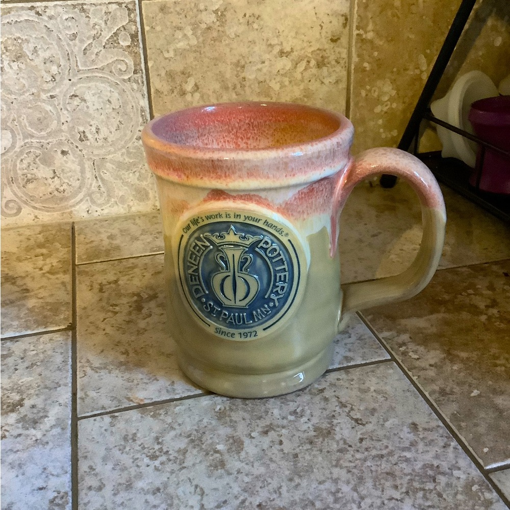 Deneen Pottery Lt. Dijon with Coral/White Retro Logo Mug